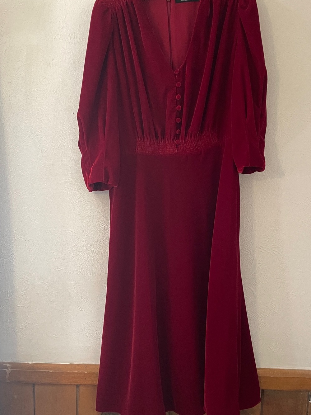 Lauren Ralph Lauren Red Velvet Midi Dress Puff Sleeve V Neck Size 8